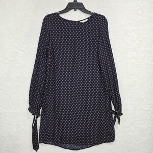 H&M Women's Sz 4 Boat Neck Long Sleeve Tie Sleeves Printed Rayon Dress Navy Blue